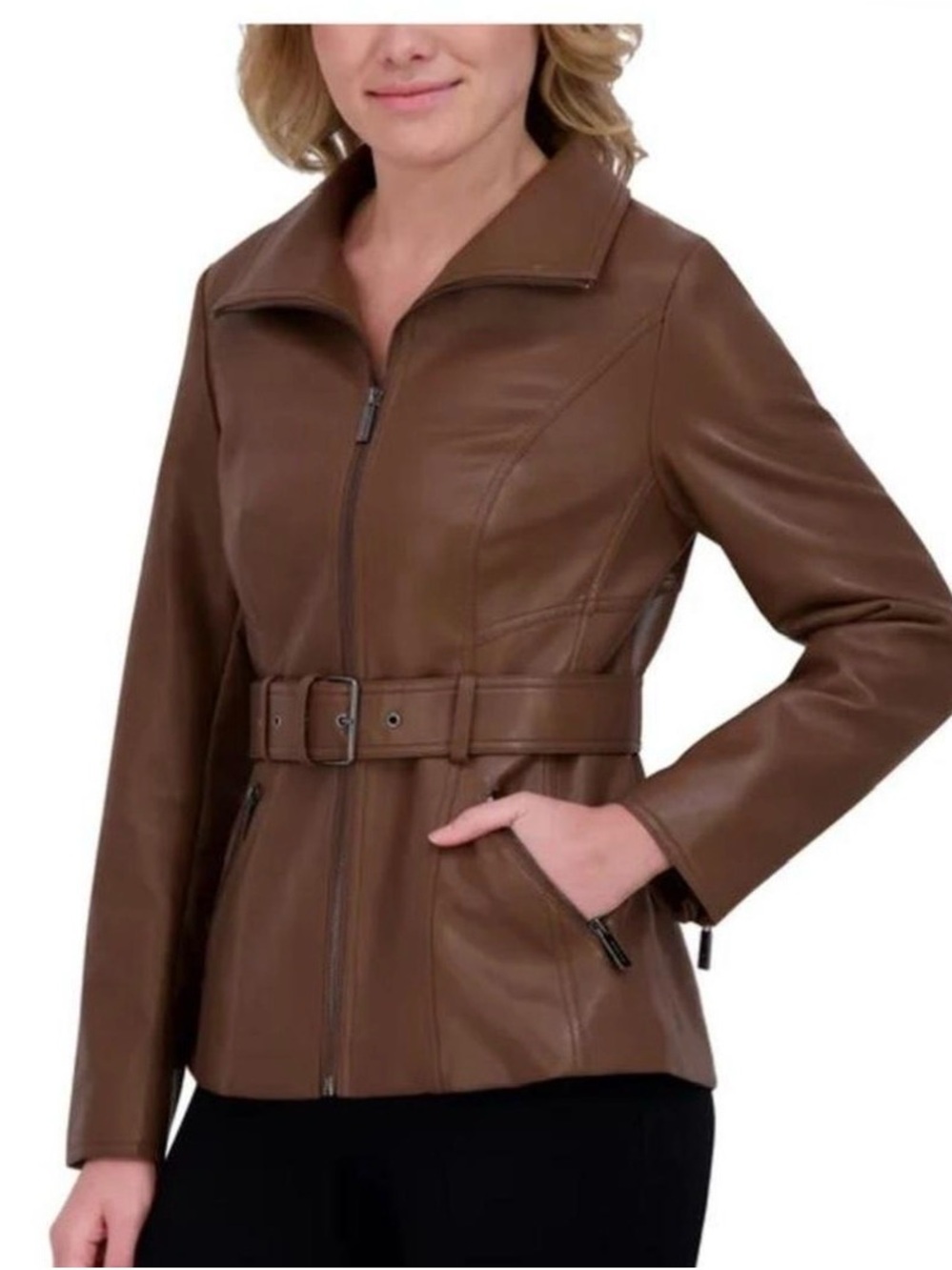 Kenneth Cole Women's Belted Faux Leather Jacket Brown